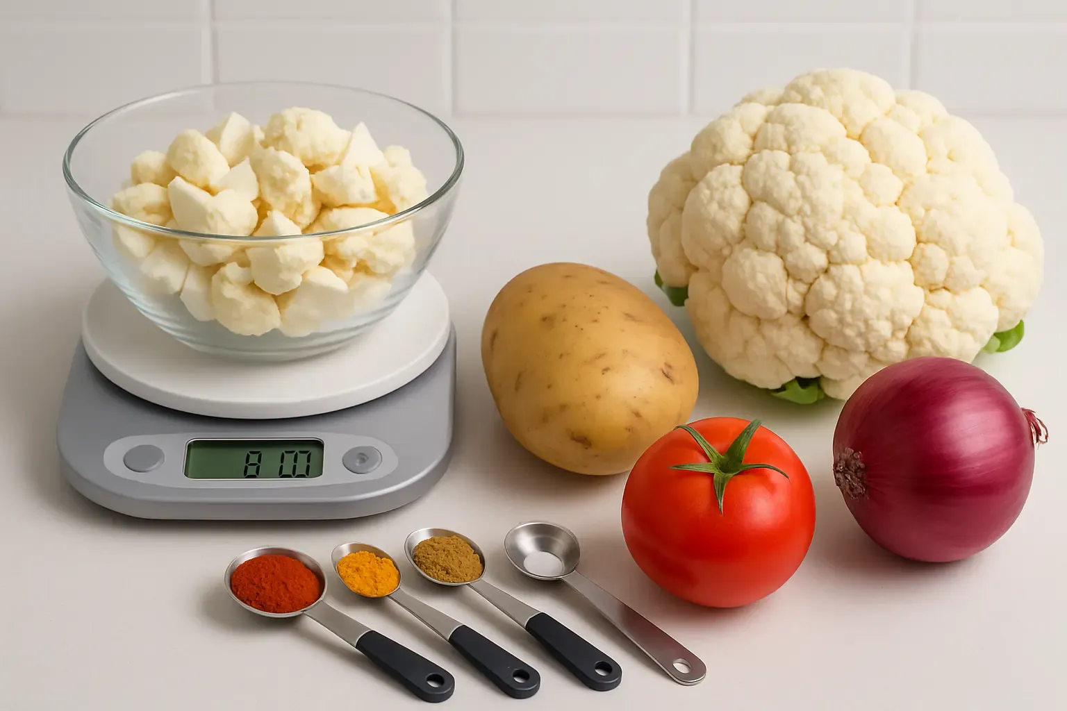 Step-by-step ingredient measurement for aloo gobi with kitchen scale and measuring tools