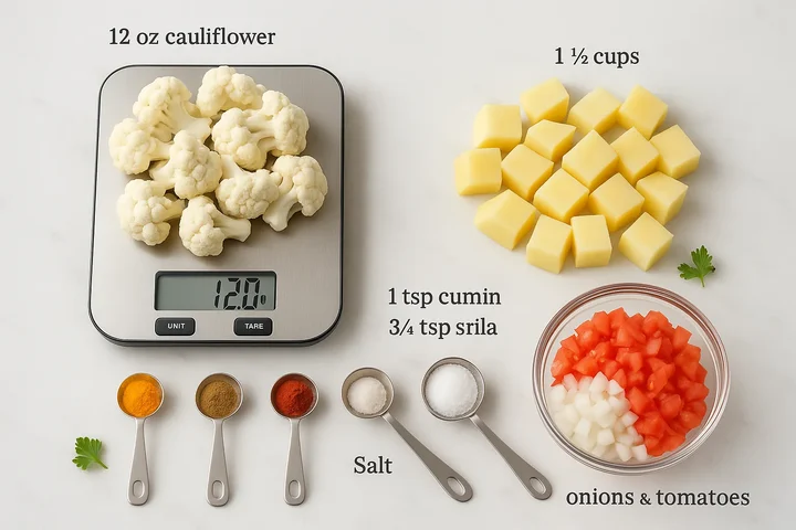 Step-by-step ingredient measurement for aloo gobi with kitchen scale and measuring tools