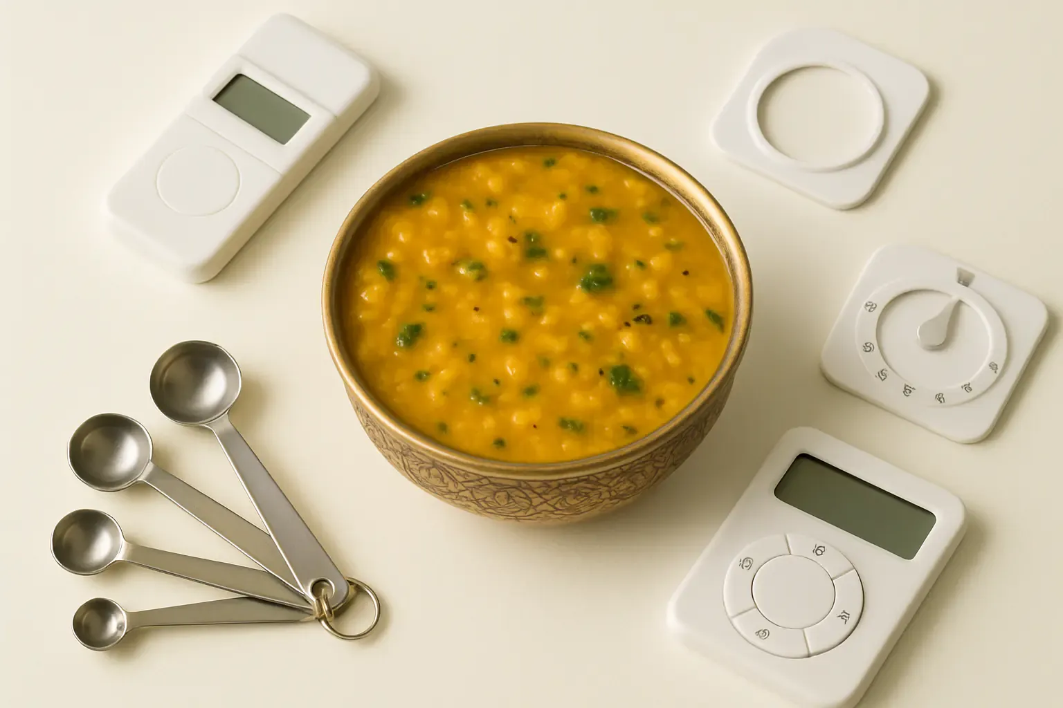 Traditional Indian katori with dal, measuring spoons, and nutrition tracking tools