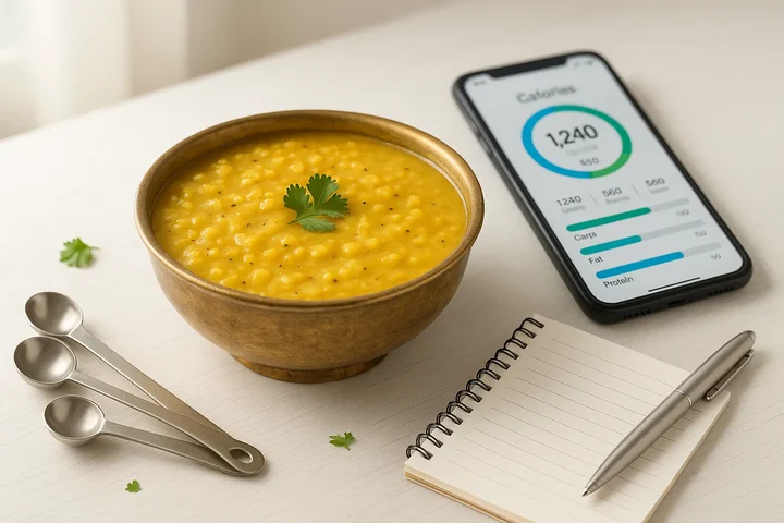 Traditional Indian katori with dal, measuring spoons, and nutrition tracking tools