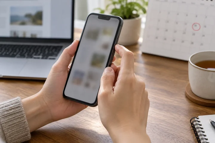 Two hands holding a phone over a desk to take a screenshot, with a laptop and a wall calendar with one date circled behind it