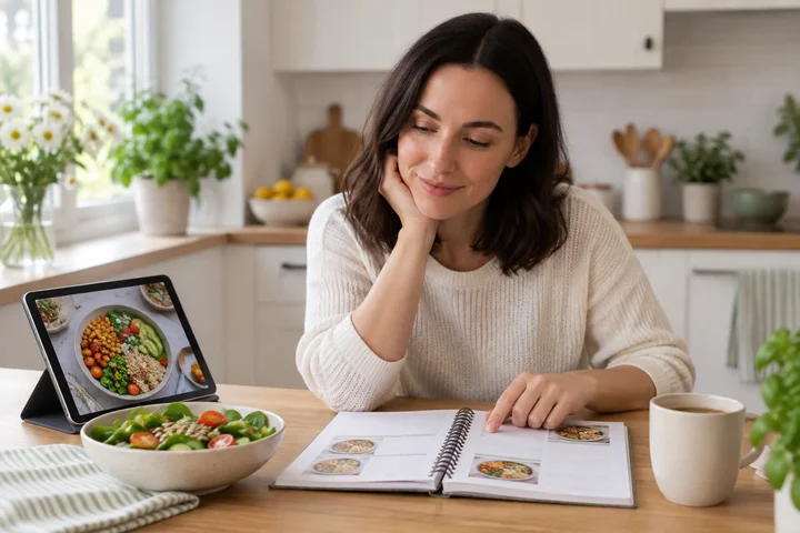 Woman at a bright kitchen table reading an open spiral-bound meal plan book, with a recipe on a tablet and a salad bowl beside her