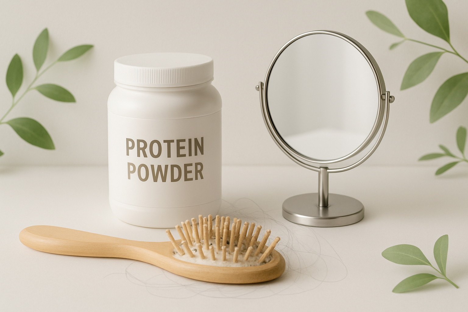 Protein powder hair loss research - serene wellness scene with whey protein container and hair brush representing scientific study of supplements and hair health