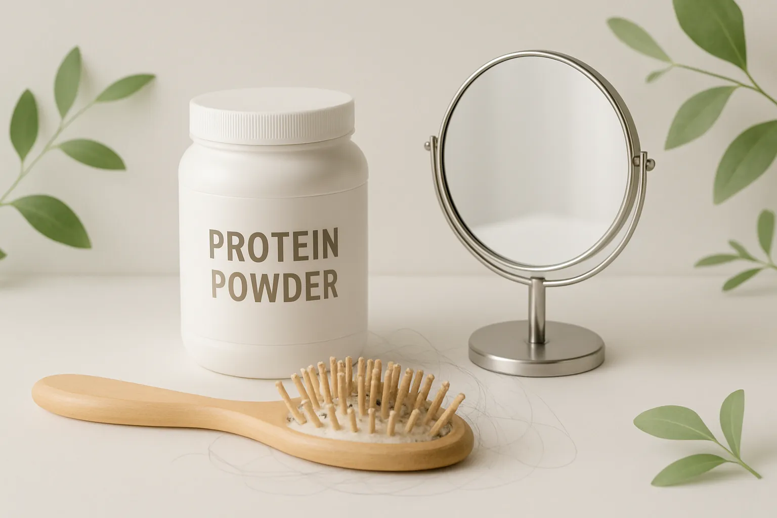 Protein powder hair loss research - serene wellness scene with whey protein container and hair brush representing scientific study of supplements and hair health