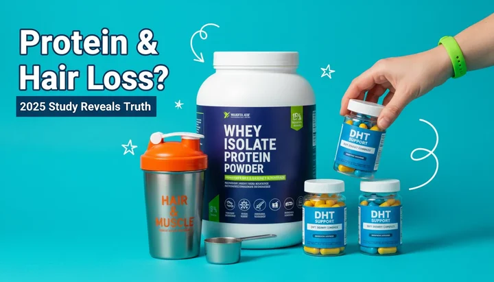 Protein powder hair loss research - serene wellness scene with whey protein container and hair brush representing scientific study of supplements and hair health