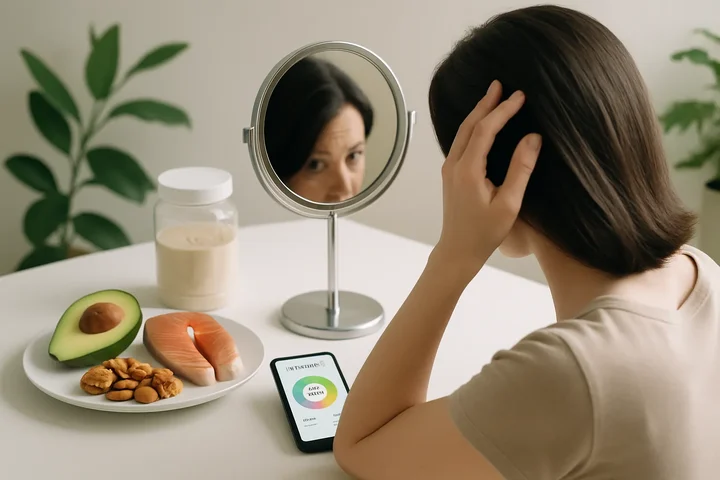 NutriScan meal tracking showing protein powder nutrition analysis and hair health monitoring example