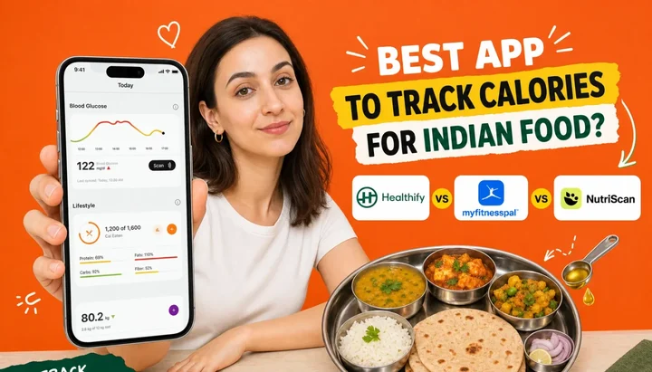 A steel thali with dal, sabzi, rice and rotis on a kitchen counter next to a phone showing an Indian food calorie tracking app