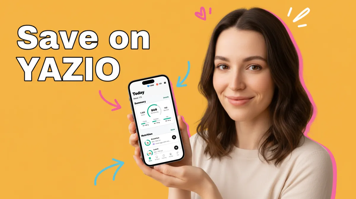Person entering a YAZIO coupon code on a phone browser with a discount badge visible on screen