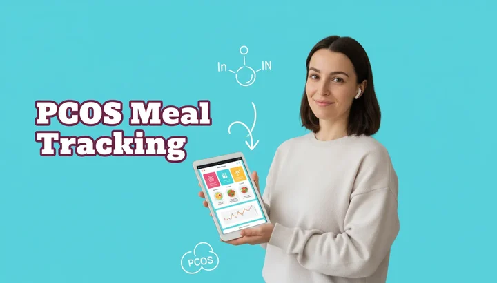 Woman using smartphone to photograph a balanced PCOS-friendly meal with colorful vegetables, lean protein, and whole grains