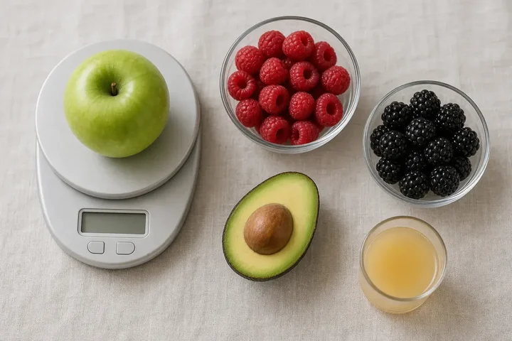 A green apple on a digital kitchen scale beside glass bowls of raspberries and blackberries, a halved avocado and a small glass of apple juice on linen
