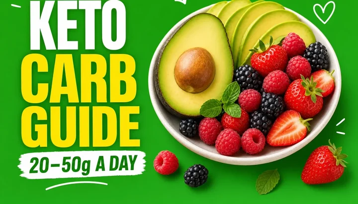 Bowl of halved avocado, raspberries, blackberries and strawberries on a green background beside the headline Keto Carb Guide 20 to 50 g a day