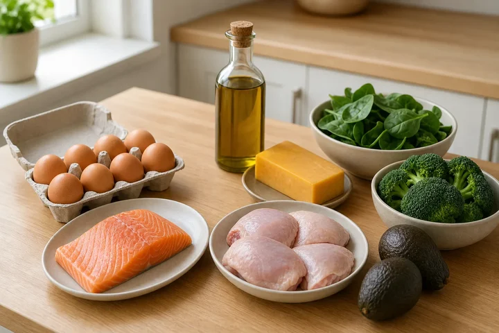 Eggs, a salmon fillet, chicken thighs, cheddar, olive oil, spinach, broccoli and avocados laid out on a light wooden kitchen counter
