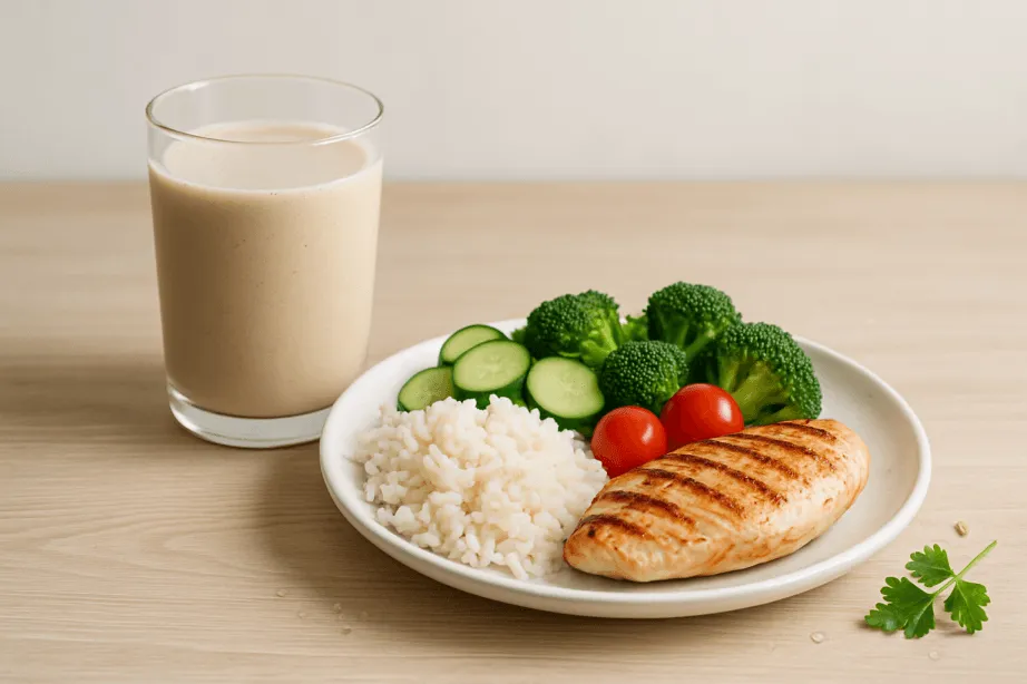 Recovery nutrition meal setup with protein shake, grilled chicken, rice, and fresh vegetables on wooden table