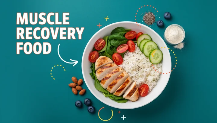 Recovery nutrition meal setup with protein shake, grilled chicken, rice, and fresh vegetables on wooden table