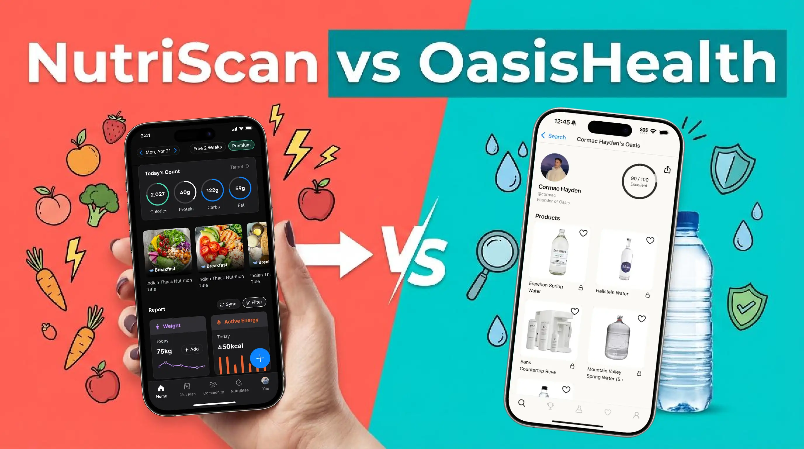 Side-by-side comparison of NutriScan food tracking app and OasisHealth product safety scanner