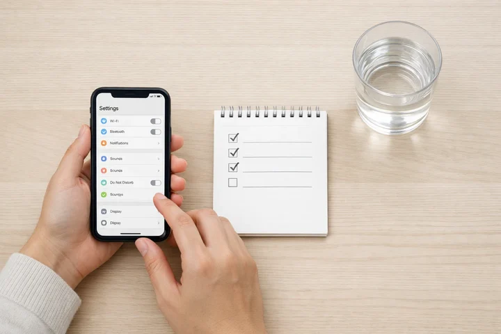 Personne tenant un smartphone avec les réglages d’abonnement ouverts, à côté d’un carnet et d’un verre d’eau