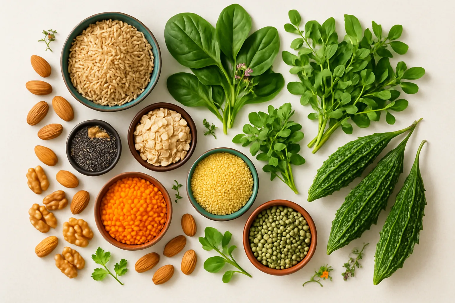 Diabetes superfood ingredients artfully arranged