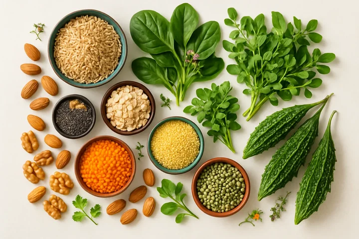 Diabetes superfood ingredients artfully arranged