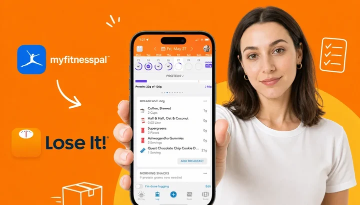 A person holding a phone showing the Lose It food log screen, with the MyFitnessPal logo and an arrow pointing toward the Lose It logo