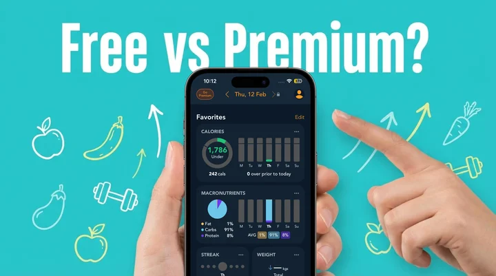 मार्बल काउंटरटॉप पर हेल्दी मील बाउल के बगल में कैलोरी ट्रैकिंग app दिखाता स्मार्टफोन