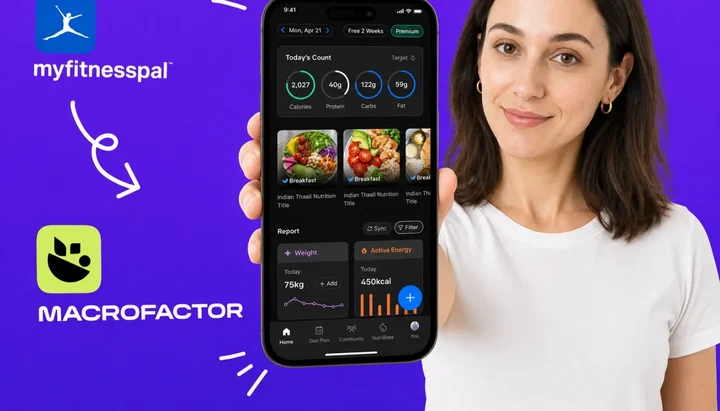 Two phones side by side, one showing a food diary list and the other showing a calorie target chart, with an arrow pointing from the first to the second