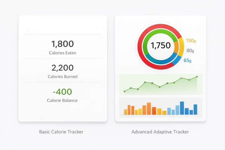 Vergleich eines einfachen Kalorienzählers mit einem adaptiven Tracker samt Makro-Ringen und Trendgrafiken