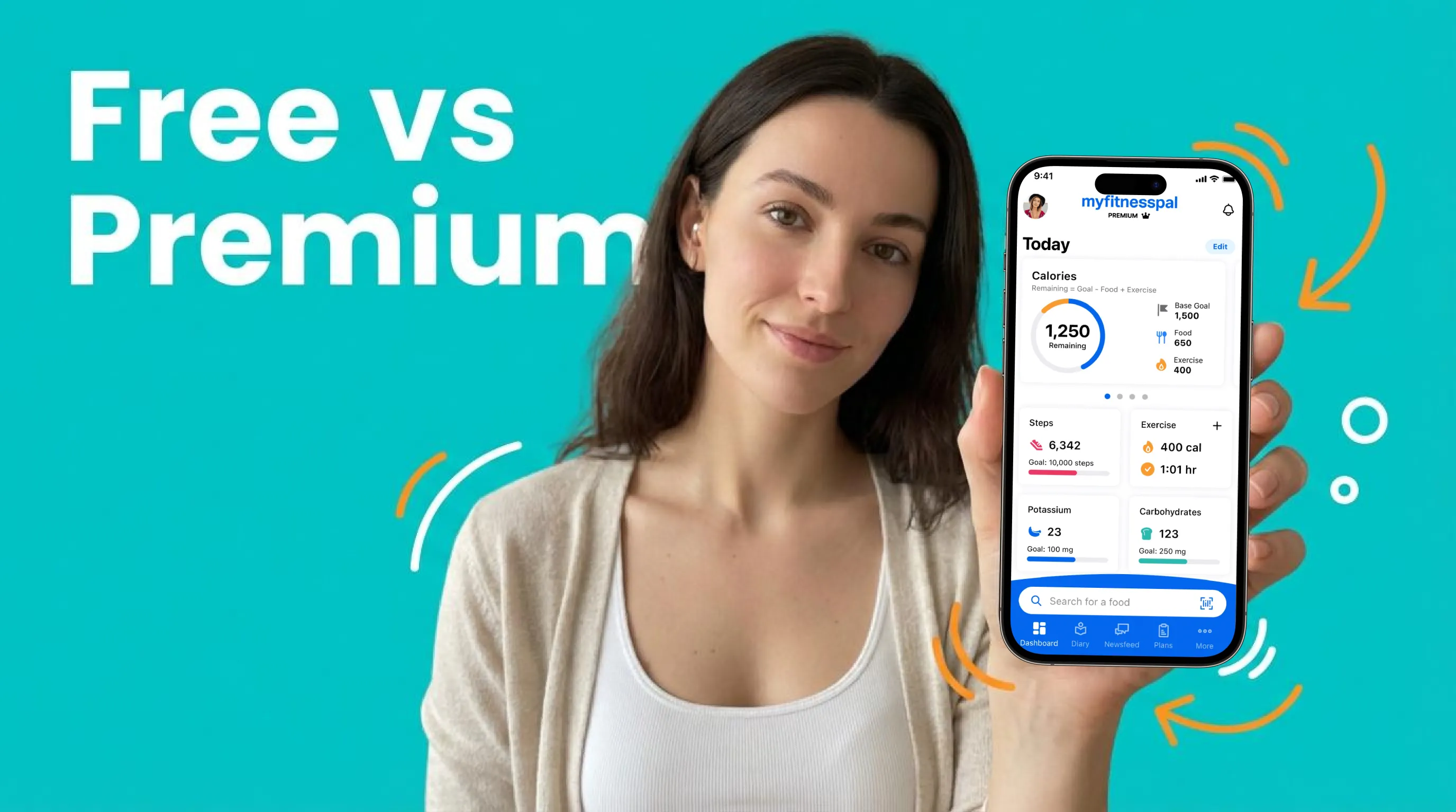 Smartphone showing calorie tracking app next to laptop with pricing comparison on wooden desk