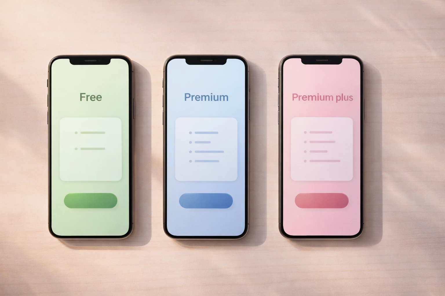 Three smartphones showing different pricing tiers side by side