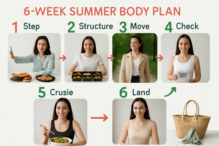 Visual 6-week step-by-step summer body plan showing reset, structure, movement, recalibrate, cruise, and soft land phases