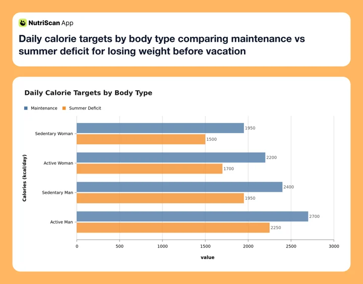 Daily calorie targets by body type comparing maintenance vs summer deficit for losing weight before vacation
