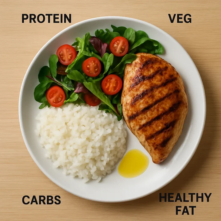 Balanced summer meal plate from above showing protein, carbs, veggies, and healthy fat sections with labels