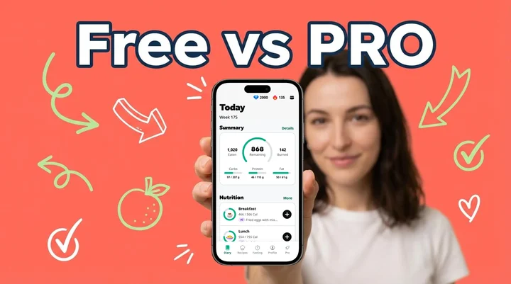 Smartphone displaying calorie tracking app on marble countertop with healthy foods including avocado, berries, and nuts