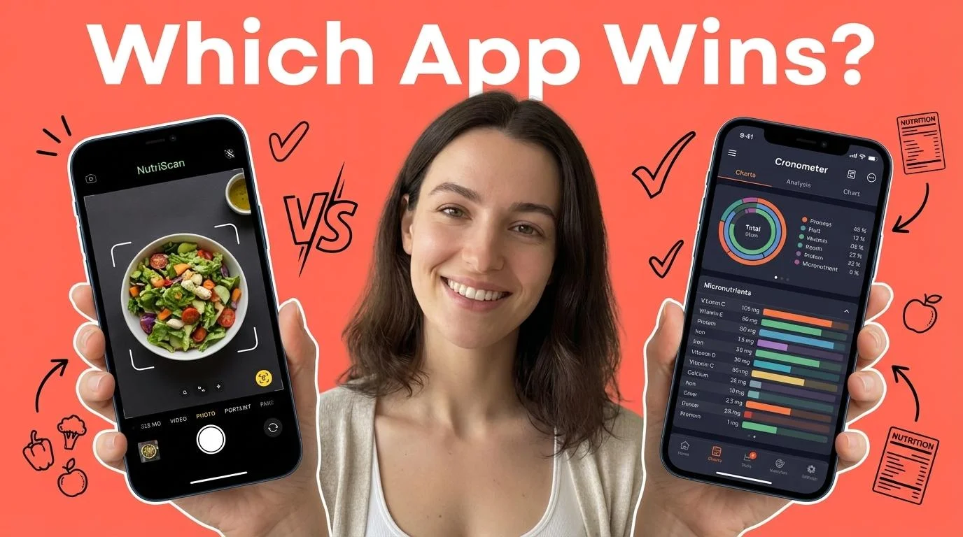 Two smartphone nutrition apps side by side comparing NutriScan AI photo logging with Cronometer manual tracking