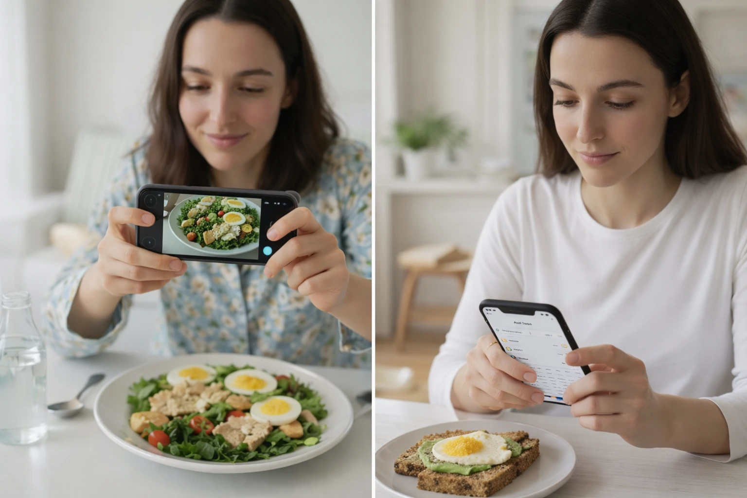 Person taking photo of meal with phone compared to manual typing on nutrition app
