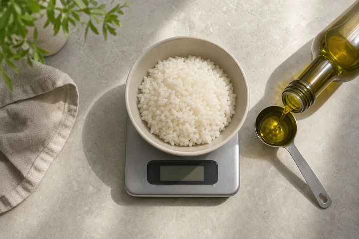 Digital kitchen scale weighing a bowl of rice with olive oil being poured into a measuring spoon alongside