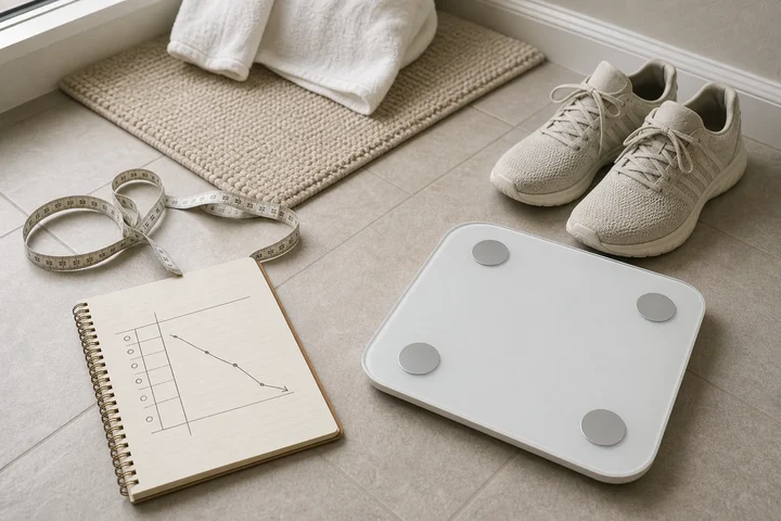Tape measure and a notebook weight chart beside a bathroom scale and walking shoes