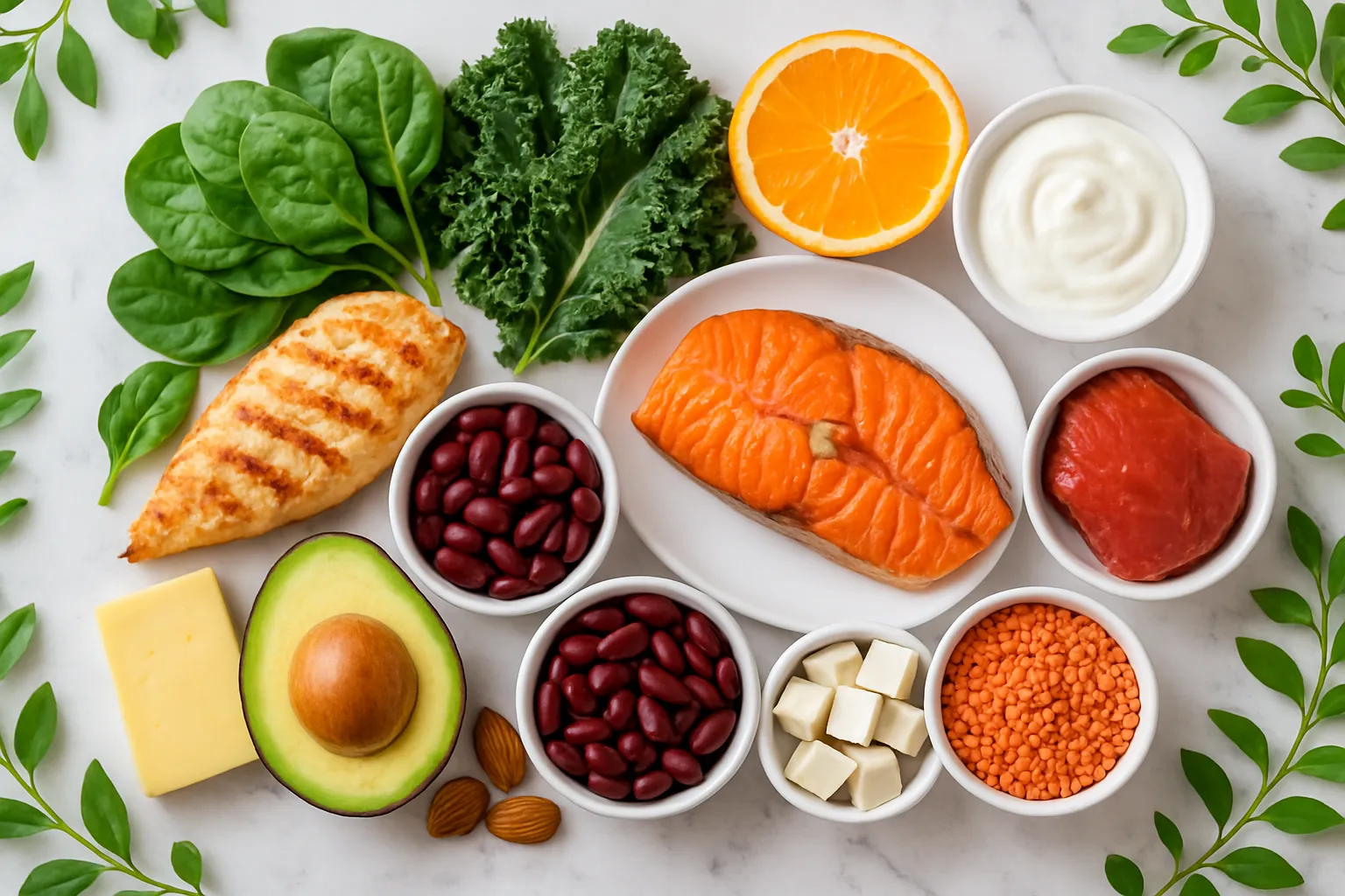 Variety of nutrient-rich foods for pregnancy including leafy greens, lean proteins, and calcium sources