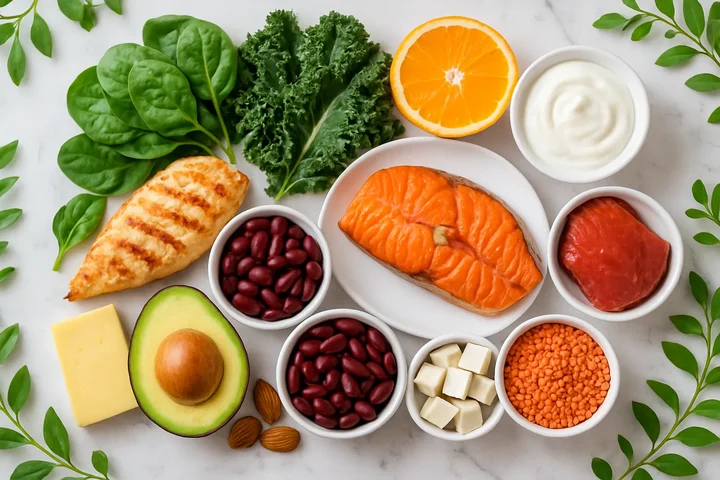 Variety of nutrient-rich foods for pregnancy including leafy greens, lean proteins, and calcium sources