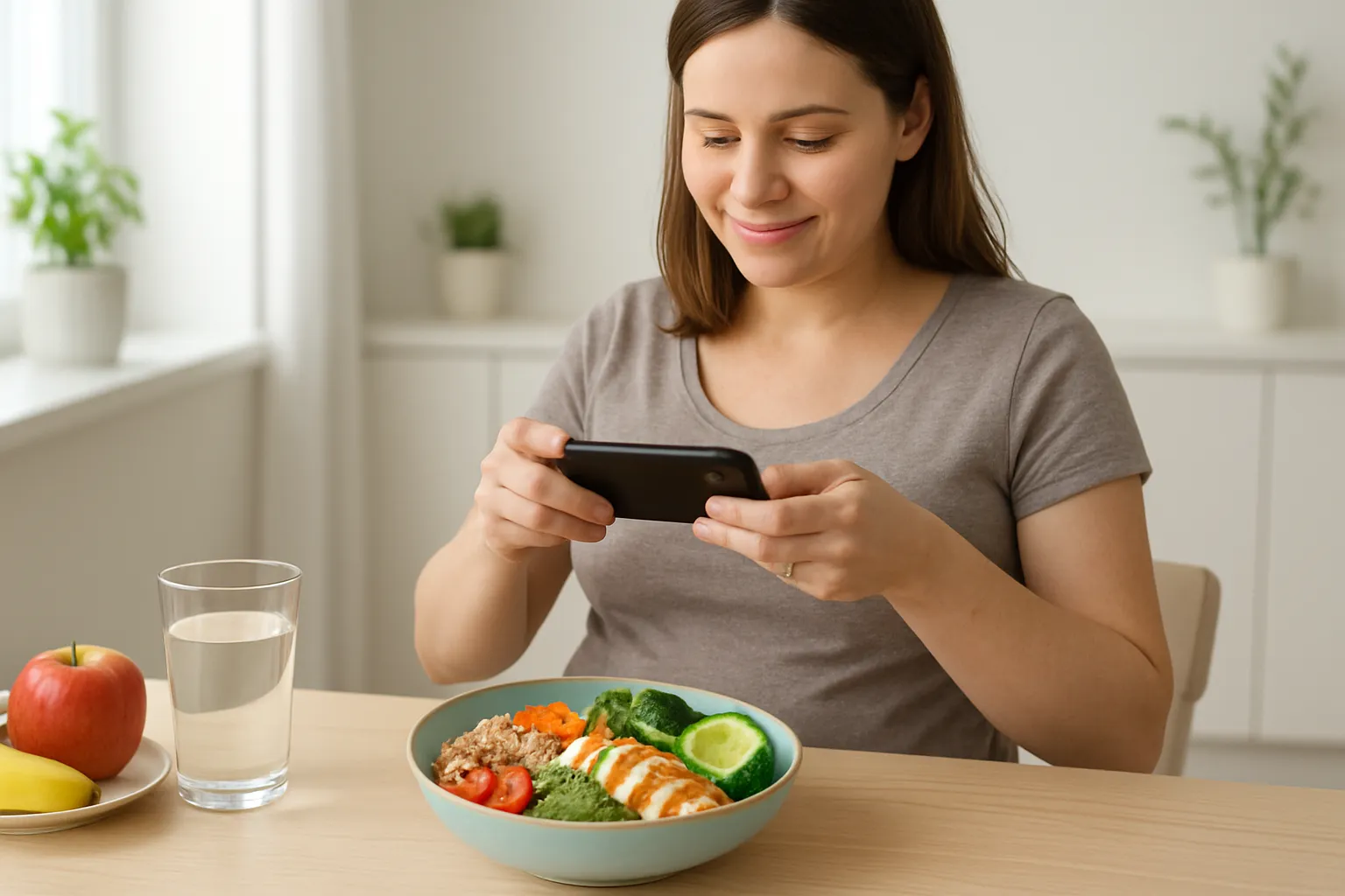 Pregnant woman using NutriScan app to track meals