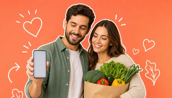 A couple planning the household week together, one holding a phone with a shared list and the other holding a paper bag of fresh groceries