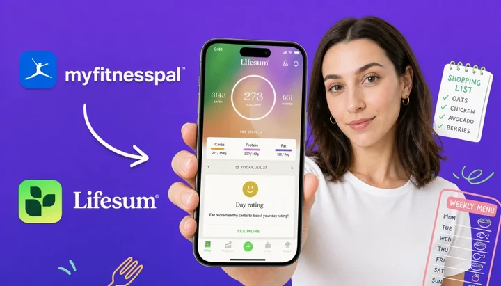 A person holding a phone showing the Lifesum diary, with an arrow from the MyFitnessPal logo to the Lifesum logo beside a weekly menu and shopping list