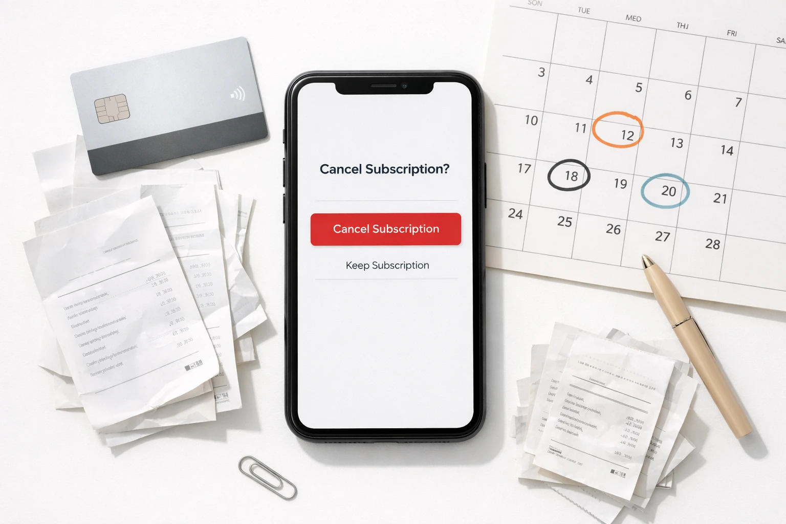 Flat lay of smartphone showing cancel subscription screen surrounded by receipts and a calendar
