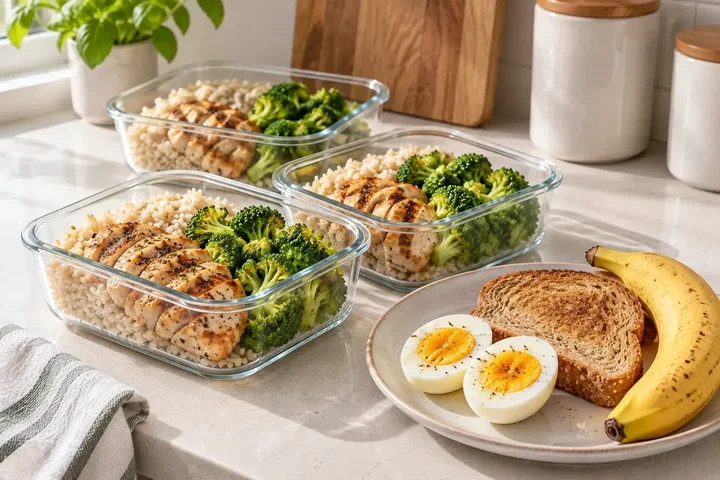 Glass containers of grilled chicken, rice and broccoli beside a plate with boiled eggs, whole wheat toast and a banana