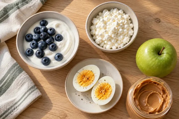 Bowls of Greek yogurt with blueberries and cottage cheese, halved boiled eggs, a green apple and a jar of peanut butter on a wooden table