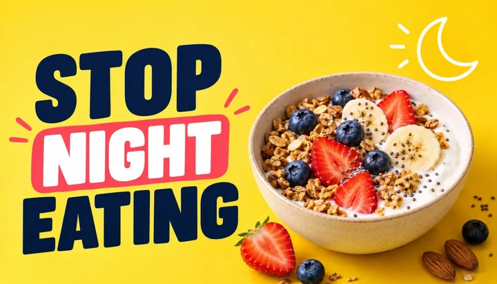 Bowl of yogurt with berries, banana and granola on a yellow background beside the headline STOP NIGHT EATING
