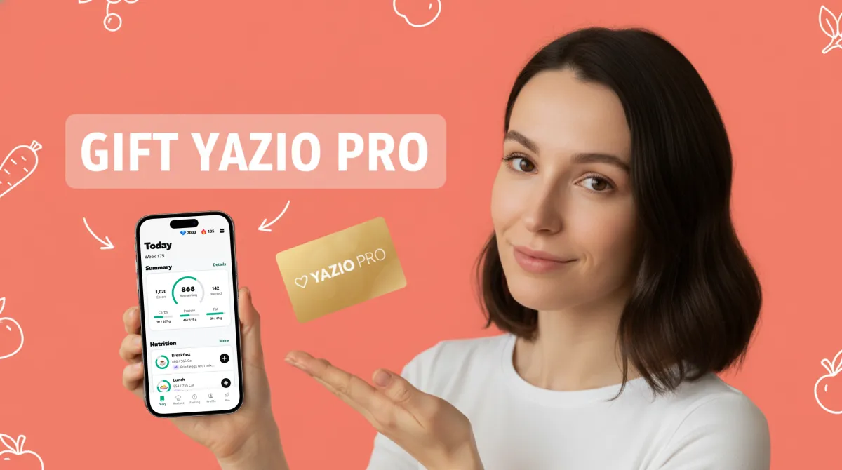 Person holding a gift card next to a smartphone showing a nutrition tracking app