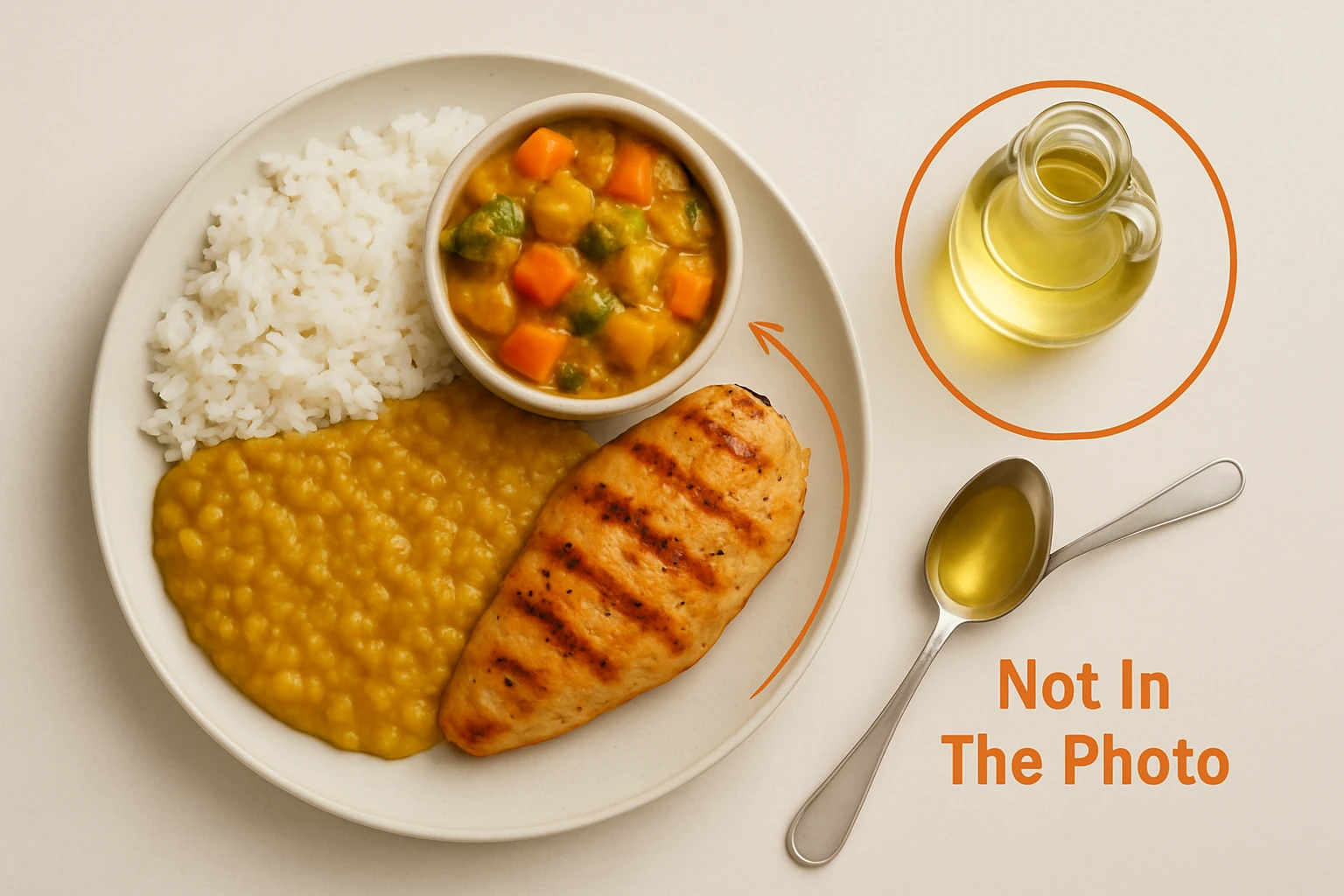 Top down plate of rice, dal, vegetable curry and grilled chicken next to a circled bottle of cooking oil and a spoonful of oil labelled not in the photo