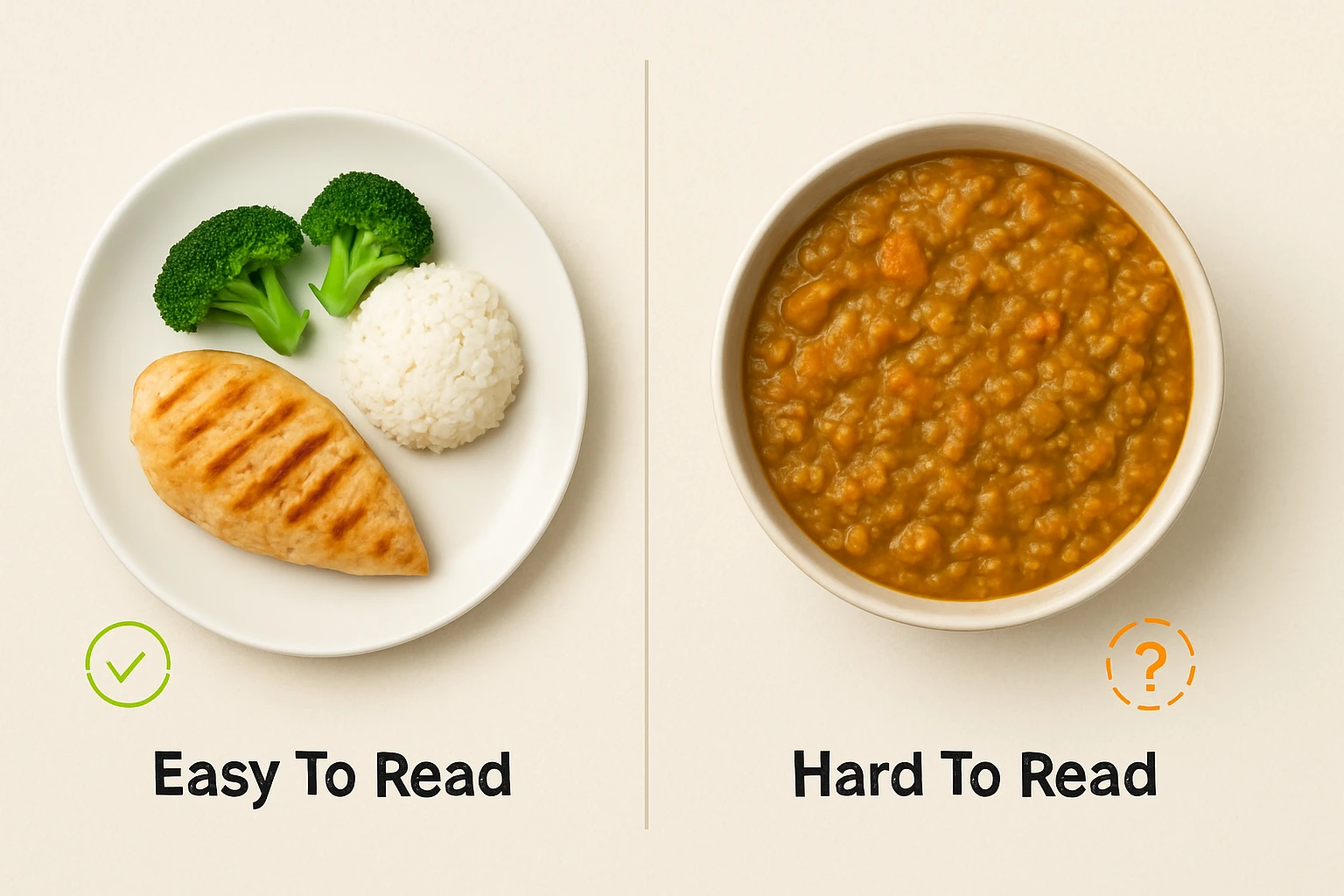 Comparison of two plates, a separated plate of chicken, rice and broccoli labelled easy to read next to a bowl of mixed curry labelled hard to read