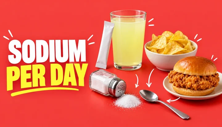 Sodium per day headline beside a tipped salt shaker, a pile of salt and a teaspoon, with a glass of electrolyte drink, a bowl of potato chips and a fried chicken sandwich