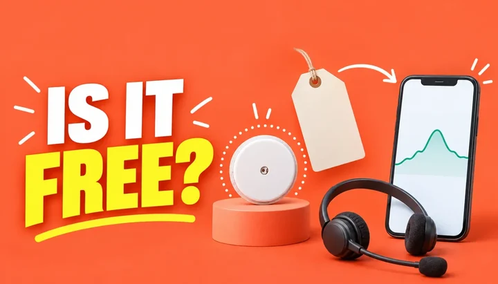 Is it free headline next to a round glucose sensor on a stand, a blank price tag, a phone showing a glucose curve and a call headset, illustrating Nutrisense plan prices and dietitian calls